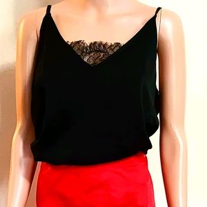 Spaghetti strap silky top with lace insert